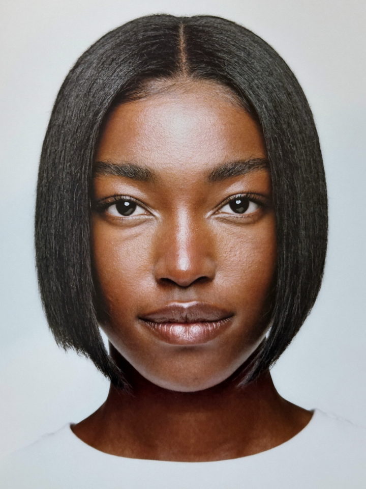 Glueless bob in natural black, shown on a model